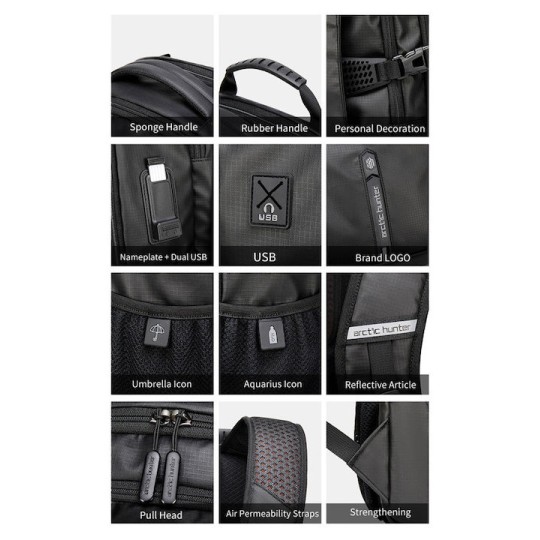 Arctic Hunter Αδιάβροχη Τσάντα Πλάτης για Laptop 15.6" Μαύρο B00388-BK