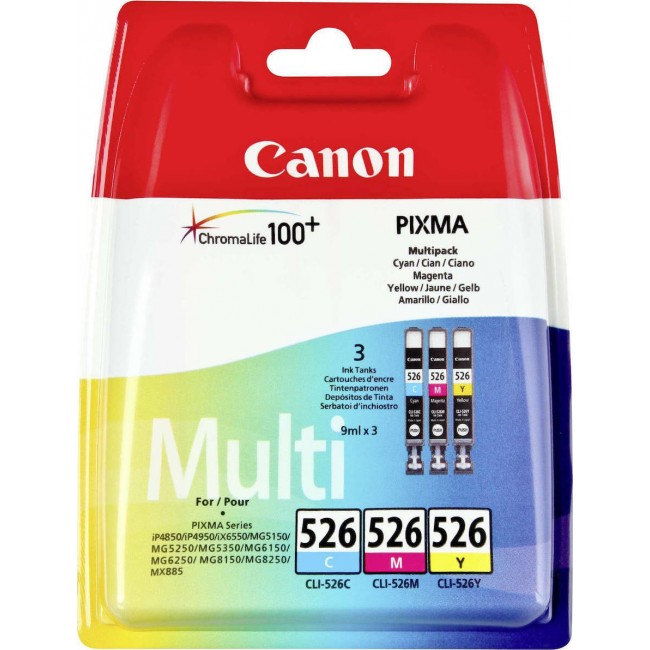 Canon CLI-526 Πακέτο 3 Μελανιών Εκτυπωτή InkJet Κίτρινο / Κυανό / Ματζέντα (4541B009)