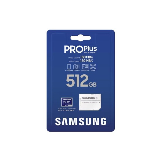 Samsung Pro Plus 512GB Κάρτα Μνήμης microSDXC U3 V30 A2 UHS-I με αντάπτορα (MB-MD512SA/EU) 