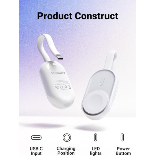 Veger W0102 1200mAh 2.5W Mini Portable Wireless Magnetic Wearable Charger Apple Watch White