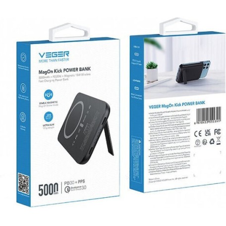 Veger W0553 Tiny MagSafe Power Bank 5000mAh 20W με Θύρα USB-C Μαύρο