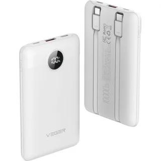 Veger C11 10,000mAh 22.5W PD Digital Display Powerbank With Built In Non-MFI Lightning & USB-C Cable White