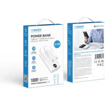 Veger C11 10,000mAh 22.5W PD Digital Display Powerbank With Built In Non-MFI Lightning & USB-C Cable White