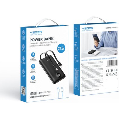 Veger C11 10,000mAh 22.5W PD Digital Display Powerbank With Built In Non-MFI Lightning & USB-C Cable Black