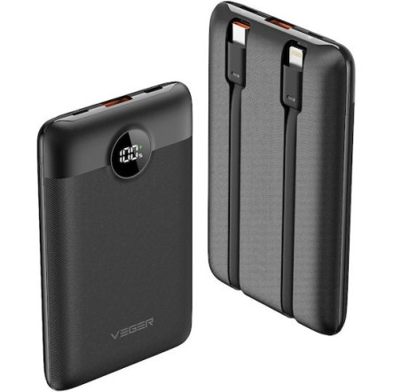 Veger C11 10,000mAh 22.5W PD Digital Display Powerbank With Built In Non-MFI Lightning & USB-C Cable Black