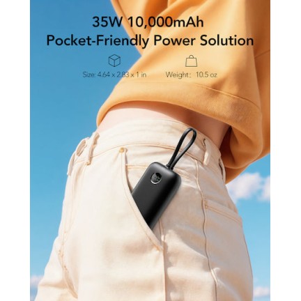 Veger K1 10,000mAh 35W PD Digital Display Powerbank With Built In Non-MFI Lightning & USB-C Cable Black