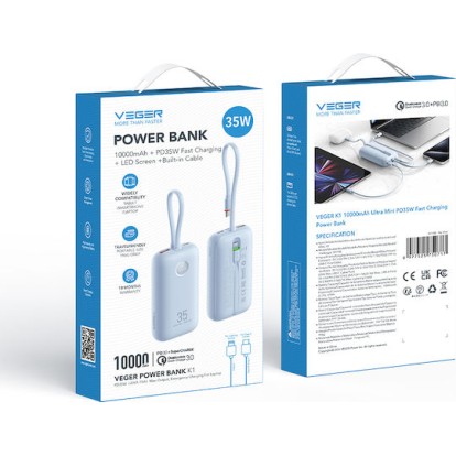 Veger K1 10,000mAh 35W PD Digital Display Powerbank With Built In Non-MFI Lightning & USB-C Cable Sky Blue