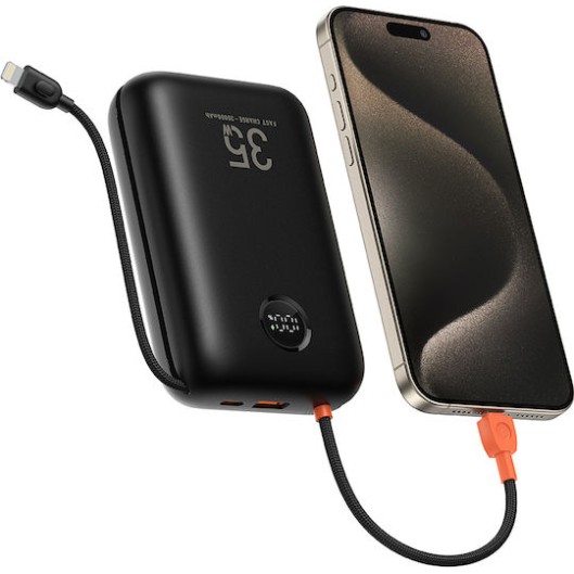 Veger K3 30,000mAh 35W PD Digital Display Powerbank With Built In Non-MFI Lightning & USB-C Cable Black