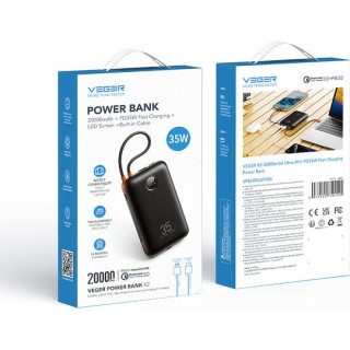 Veger W2068 Power Bank 20000mAh 35W με Θύρα USB-A και Θύρα USB-C Μαύρο