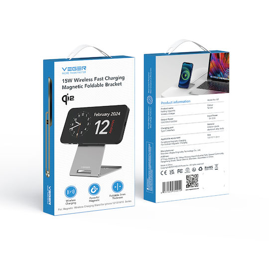 Veger Q7 Αλουμινίου Μαγνητικός Ασύρματος Φορτιστής Qi2 15W Μαύρος