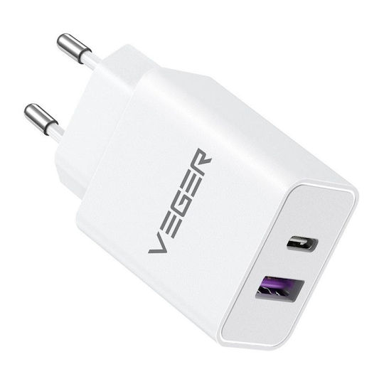 Veger Φορτιστής Χωρίς Καλώδιο με Θύρα USB-A και Θύρα USB-C 65W Λευκός (TC650)