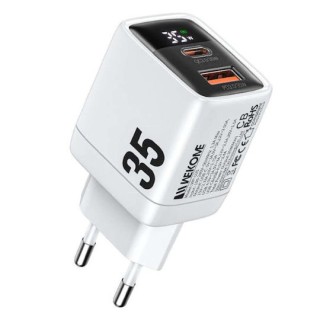 WK Φορτιστής Χωρίς Καλώδιο GaN με Θύρα USB-A και Θύρα USB-C 35W Power Delivery Λευκός (WP-U25)