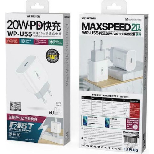 WK Φορτιστής Χωρίς Καλώδιο με Θύρα USB-C 20W Power Delivery Λευκός (WP-U55)