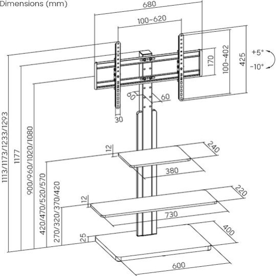 Powertech PT-1422 Βάση Τηλεόρασης Δαπέδου έως 75" και 40kg Ασημί