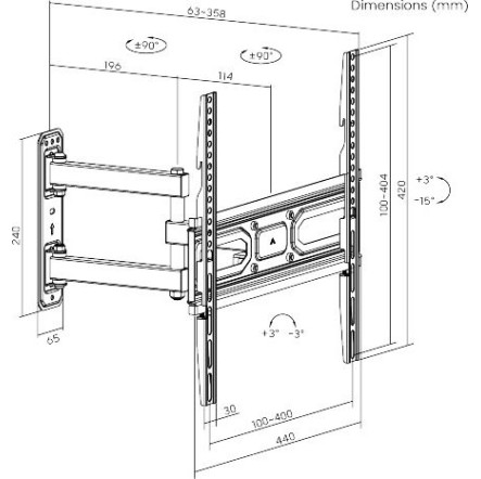 Powertech PT-1131 Βάση Τηλεόρασης Τοίχου έως 55" και 35kg Μαύρο