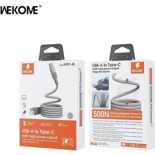 WK WDC-45 Magnetic Braided USB 2.0 Cable USB-C male - USB-A 66W Γκρι 1m