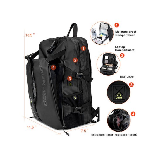 ARCTIC HUNTER B00391 Τσάντα Πλάτης με Θήκη Μπάλας & Laptop, 26L, Μαύρη