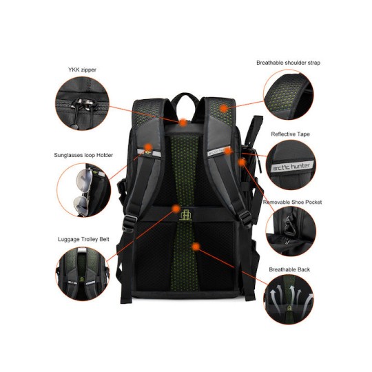 ARCTIC HUNTER B00391 Τσάντα Πλάτης με Θήκη Μπάλας & Laptop, 26L, Μαύρη