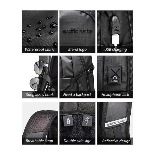 ARCTIC HUNTER B00387 Τσάντα Πλάτης με Θήκη Laptop 15.6", 26L, USB, Μπλε