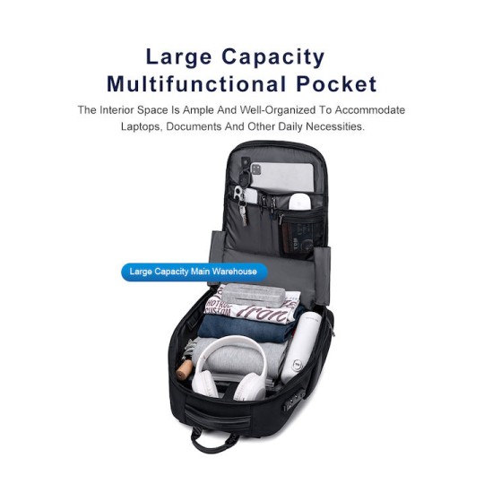 ARCTIC HUNTER B00682 Τσάντα Πλάτης με Θήκη Laptop 15.6", USB, Λουκέτο TSA, 23.5L, Μαύρη