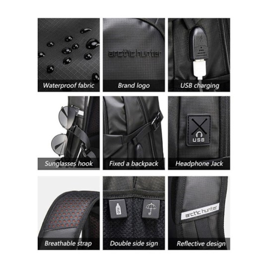 ARCTIC HUNTER B00387 Τσάντα Πλάτης με Θήκη Laptop 15.6", 26L, USB, Γκρι