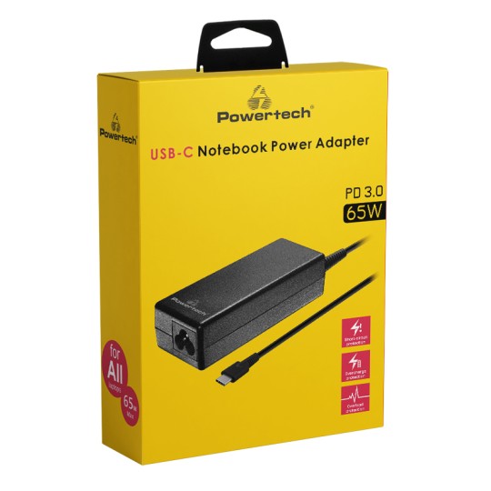 Powertech PT-1319 Φορτιστής Laptop USB-C PD 3.0 Universal 65W Μαύρος