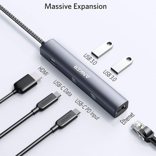 Anker PowerExpand 6 in 1 USB-C Ethernet Adapter, 4K HDMI, 1 Gbps Ethernet, 2 USB 3.0 Data Ports (A83650A1)
