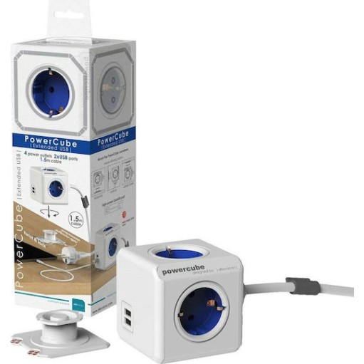 Allocacoc PowerCube 4 Θέσεων με 2 USB και Καλώδιο 1.5m Μπλε
