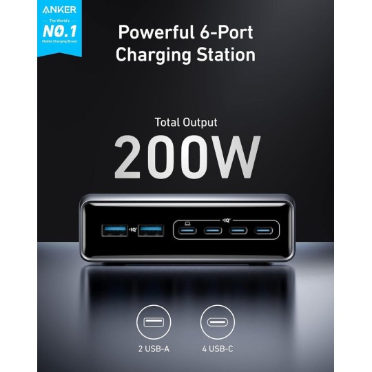 Anker Charging Stand GaN with 2 USB-A Ports and 4 USB-C Ports 200W Gray