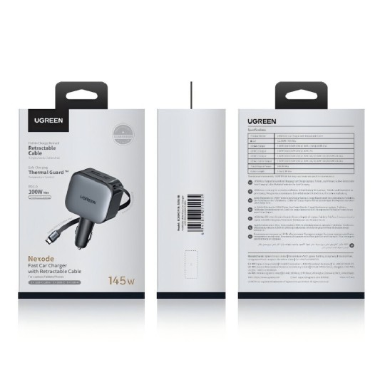 UGREEN EC604 55910B Φορτιστής Αυτοκινήτου 145W 3 Θέσεων,με καλώδιο USB-C 60W Γκρί