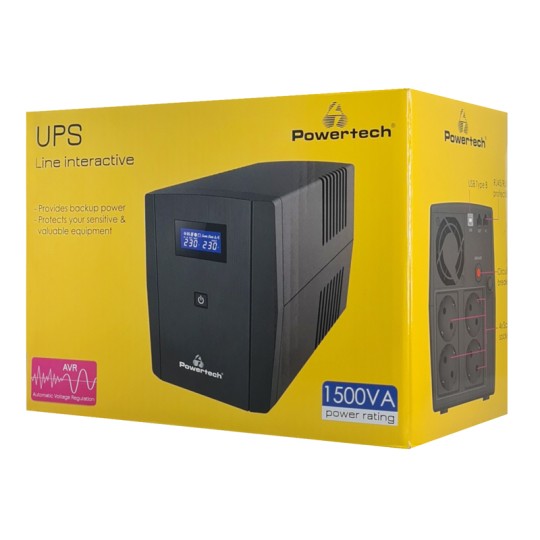 Powertech PT-1297 UPS Line Interactive με οθόνη 1500VA 900W 4x Schuko 2x RJ45/RJ11 USB Type B