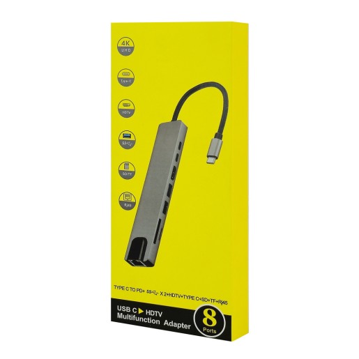 Powertech PT-1536 Docking Station  8 Θυρών USB-C Σύνδεση 87W PD 100Mbps Γκρι