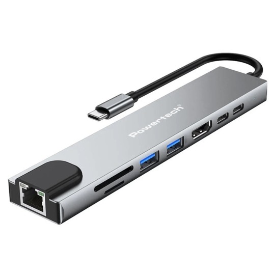 Powertech PT-1536 Docking Station  8 Θυρών USB-C Σύνδεση 87W PD 100Mbps Γκρι