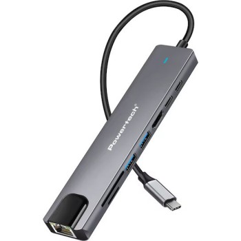 POWERTECH Docking Sation PT-1537, 8 Θυρών, USB-C σύνδεση, 100W PD, 1000Mbps, Γκρι