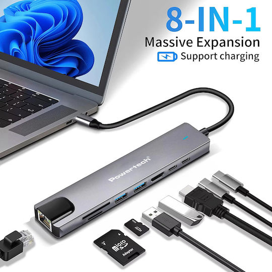 POWERTECH Docking Sation PT-1537, 8 Θυρών, USB-C σύνδεση, 100W PD, 1000Mbps, Γκρι