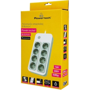 POWERTECH PT-1534 Πολύπριζο Ασφαλείας , 8 Θέσεων, 16A, 1.5m, Λευκό