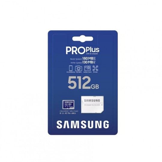 Samsung Pro Plus 512GB Κάρτα Μνήμης microSDXC U3 V30 A2 UHS-I με αντάπτορα (MB-MD512SA/EU) 