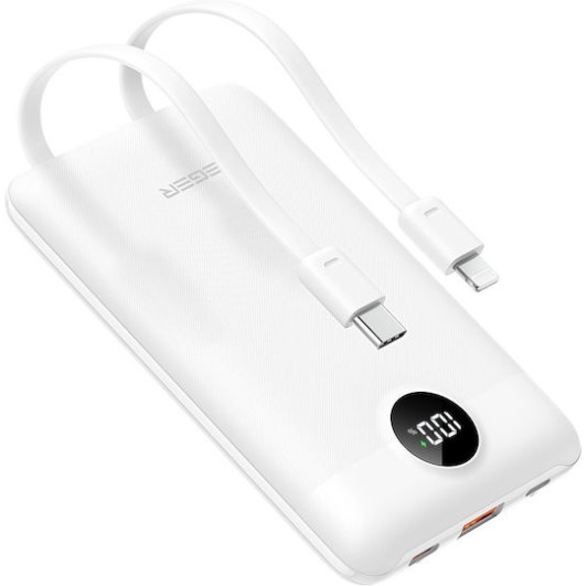 Veger C11 10,000mAh 22.5W PD Digital Display Powerbank With Built In Non-MFI Lightning & USB-C Cable White