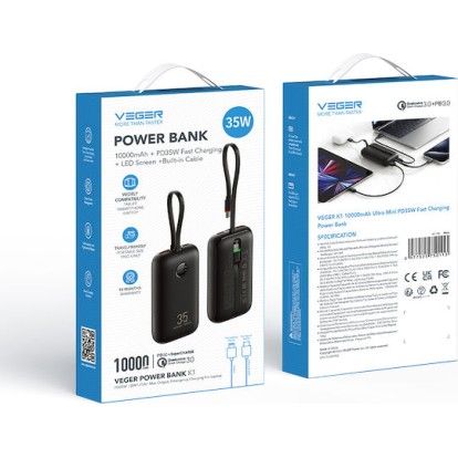 Veger K1 10,000mAh 35W PD Digital Display Powerbank With Built In Non-MFI Lightning & USB-C Cable Black