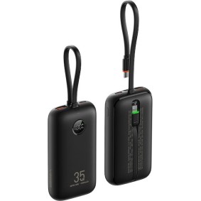 Veger K1 10,000mAh 35W PD Digital Display Powerbank With Built In Non-MFI Lightning & USB-C Cable Black