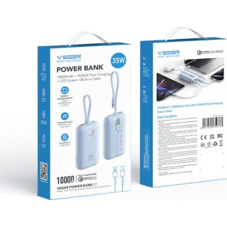 Veger K1 10,000mAh 35W PD Digital Display Powerbank With Built In Non-MFI Lightning & USB-C Cable Sky Blue