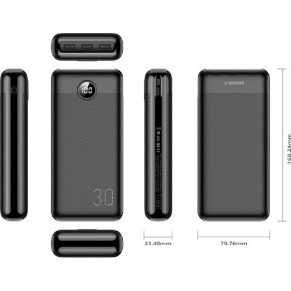 Veger L30 Power Bank 30000mAh 20W με 3 Θύρες USB-A και Θύρα USB-C Μαύρο