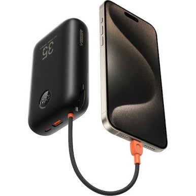 Veger K3 30,000mAh 35W PD Digital Display Powerbank With Built In Non-MFI Lightning & USB-C Cable Black