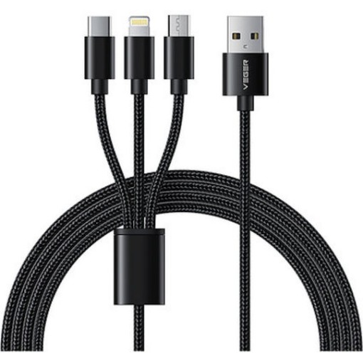 Veger V303 Braided USB to Lightning Type-C micro USB Cable 2.4A 1.5m Μαύρο