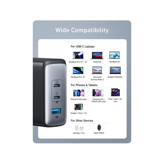 Anker 736 Nano II Charger Without Cable GaN with USB-A Port and 2 USB-C Ports 100W Black