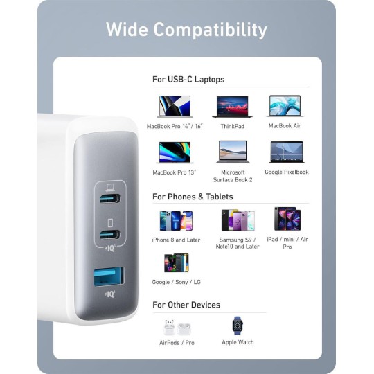 Anker 736 Nano II Charger Without Cable GaN with USB-A Port and 2 USB-C Ports 100W White