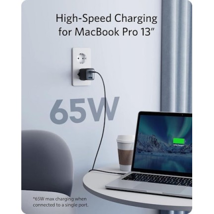 Anker Charger Without Cable GaN USB-A Port 2 USB-C Ports 65W Black (735 Nano II) A2667314