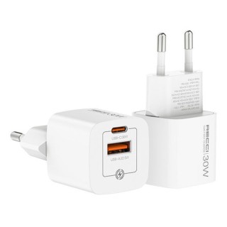 Recci RC70E Φορτιστής Χωρίς Καλώδιο GaN USB-A και USB-C 30W Λευκός 