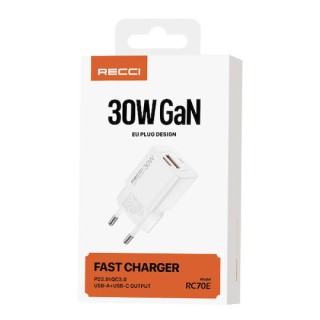 Recci RC70E Φορτιστής Χωρίς Καλώδιο GaN USB-A και USB-C 30W Λευκός 