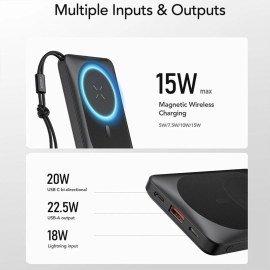 Veger W1151 MagOn Magnetic Wireless Power Bank 10000mAh 15W με Θύρα USB-A και Θύρα USB-C Black